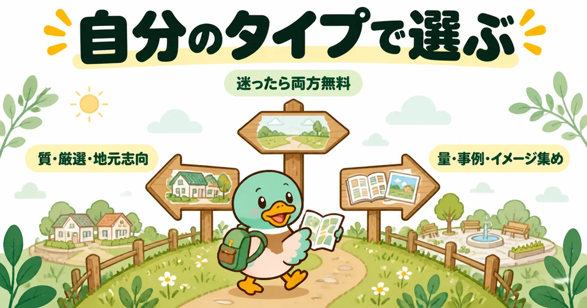 持ち家計画とライフルホームズの比較のまとめとして、質・厳選・地元志向、量・事例・イメージ集め、迷ったら両方と自分のタイプで選ぶ道しるべのイラスト。