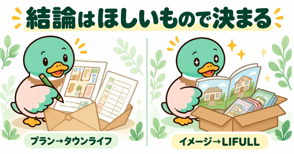 タウンライフとLIFULL HOME'Sの比較の結論として、具体的なプランが欲しいか幅広いイメージが欲しいかで分かれることを示すイラスト。