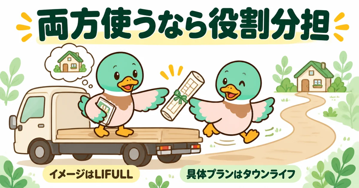 タウンライフとLIFULL HOME'Sを両方使うなら、イメージ集めと具体プランで役割分担することをバトンリレーで表したイラスト。