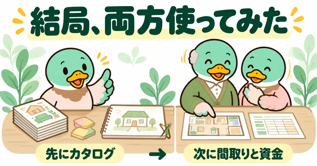 LIFULLでカタログを集めてからタウンライフで間取りと資金プランを依頼し、両方使ってみた45歳男性の体験談のイラスト。