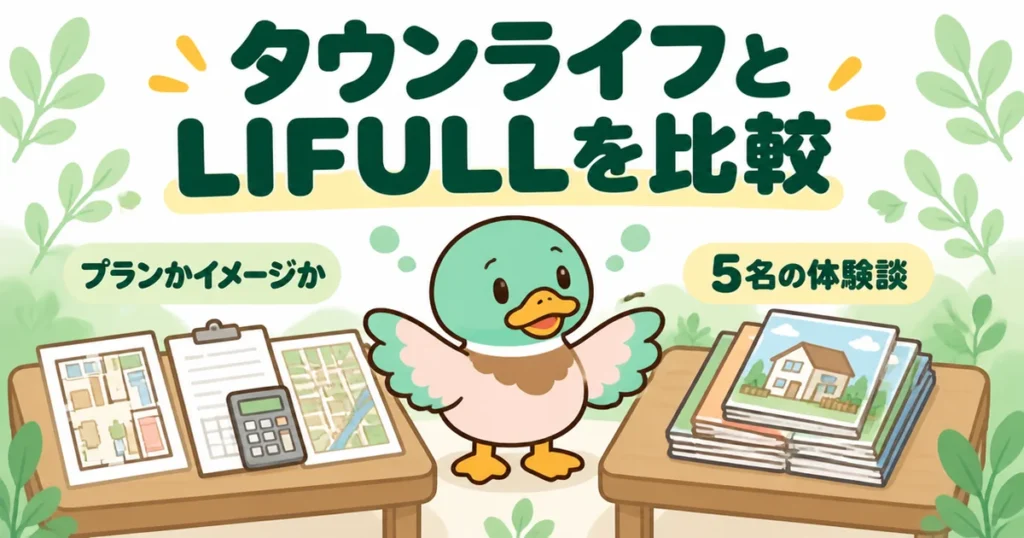 タウンライフとLIFULL HOME'Sの比較として、間取りや資金計画の書類とカタログの山を見比べるあいみつのイラスト。