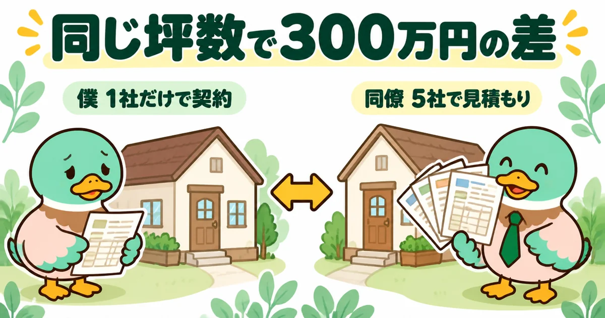 相見積もりの比較で、1社だけで契約したあいみつと5社で見積もりを取った同僚に同じ坪数で300万円の差が出た図解。