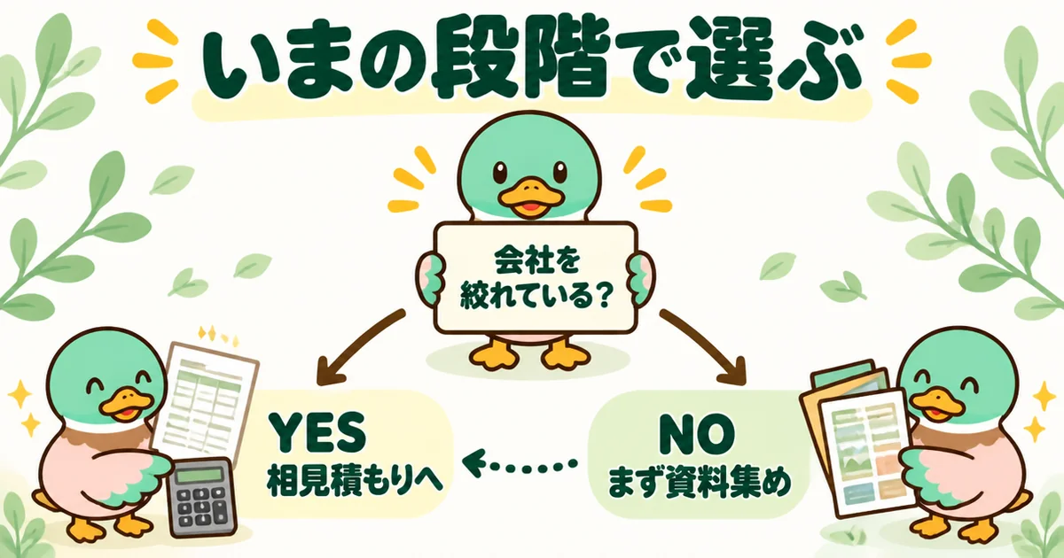 会社を絞れているなら相見積もり、まだなら資料集めからと、持ち家計画とハウジングバザールを段階で選ぶYES・NOチャートの図解。