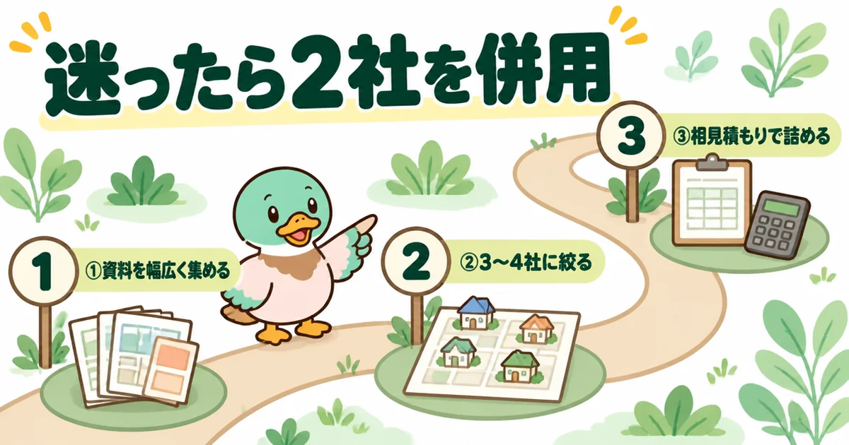 持ち家計画で資料を集めて3〜4社に絞り、ハウジングバザールで相見積もりを取る使い分けを番号つきの道で示したイラスト。