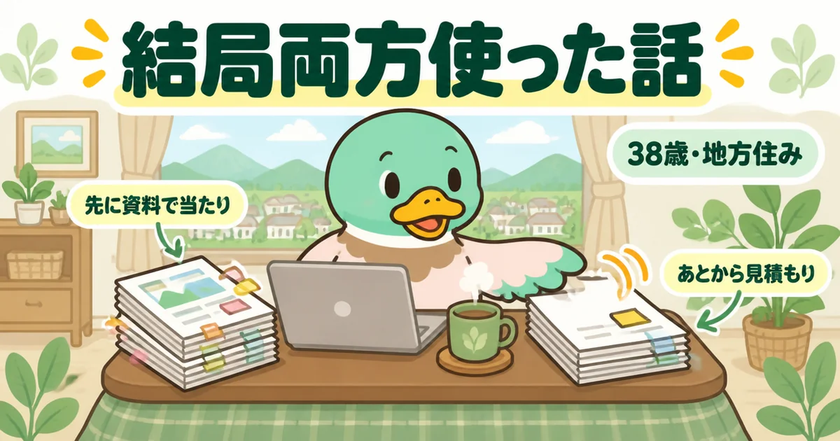 持ち家計画で資料を集めてからハウジングバザールで見積もりを取り、両方使った38歳女性のカモのイラスト。