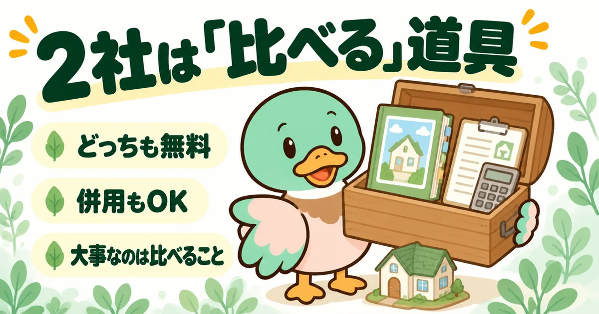持ち家計画とハウジングバザールは比べるための道具だと、資料と見積書の入った道具箱を差し出すあいみつのイラスト。