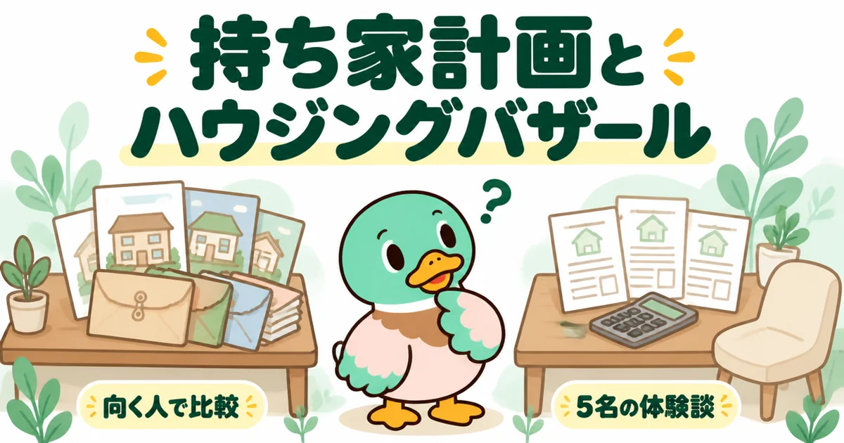 持ち家計画とハウジングバザールの比較で、資料の山と見積書の机を見比べて考えるあいみつのイラスト。