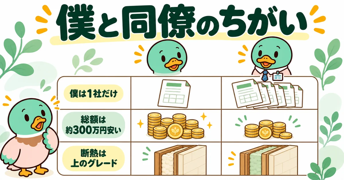 注文住宅の相見積もりを取らない僕は1社、同僚は5社で、総額が約300万円安く断熱も上だった違いを比べた表の図解。
