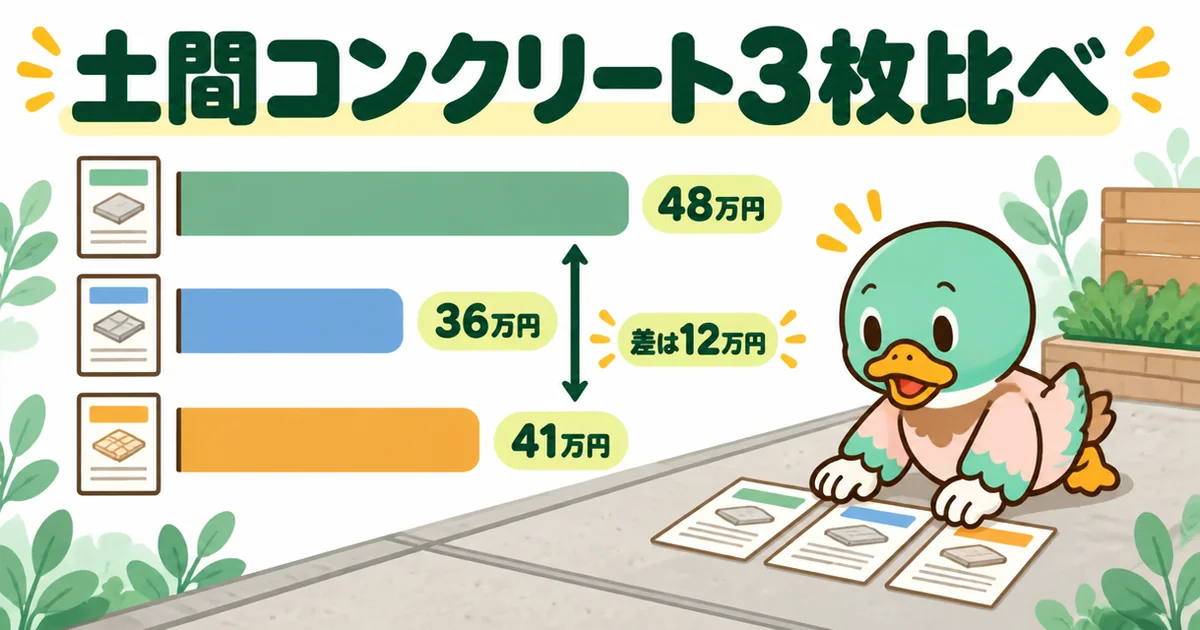 外構の土間コンクリートで相見積もりを3枚並べると48万・36万・41万円で、12万円の差が出たことを示す棒グラフ。