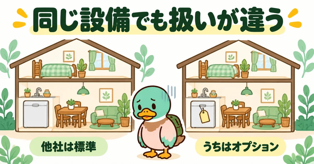 注文住宅の相見積もりを取らないと、他社では標準の設備をオプションとして買っていても気づけないことを左右で比べた図解。