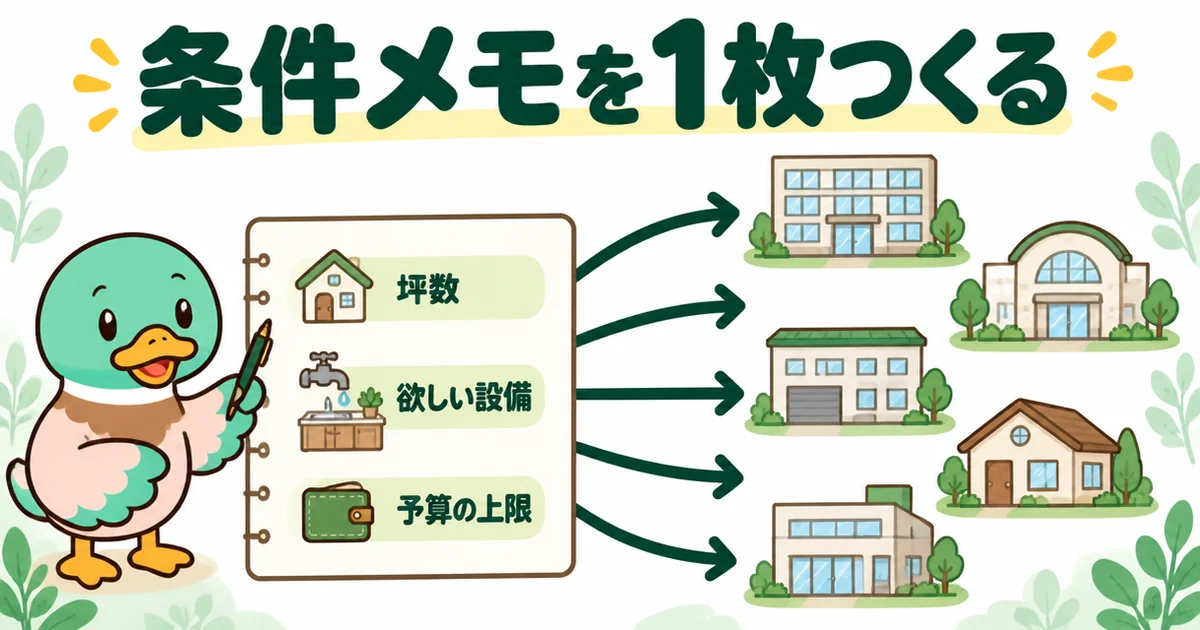 注文住宅の相見積もりで坪数・欲しい設備・予算の上限を1枚のメモにそろえ、5社へ同じ条件で頼む様子を示す図解。