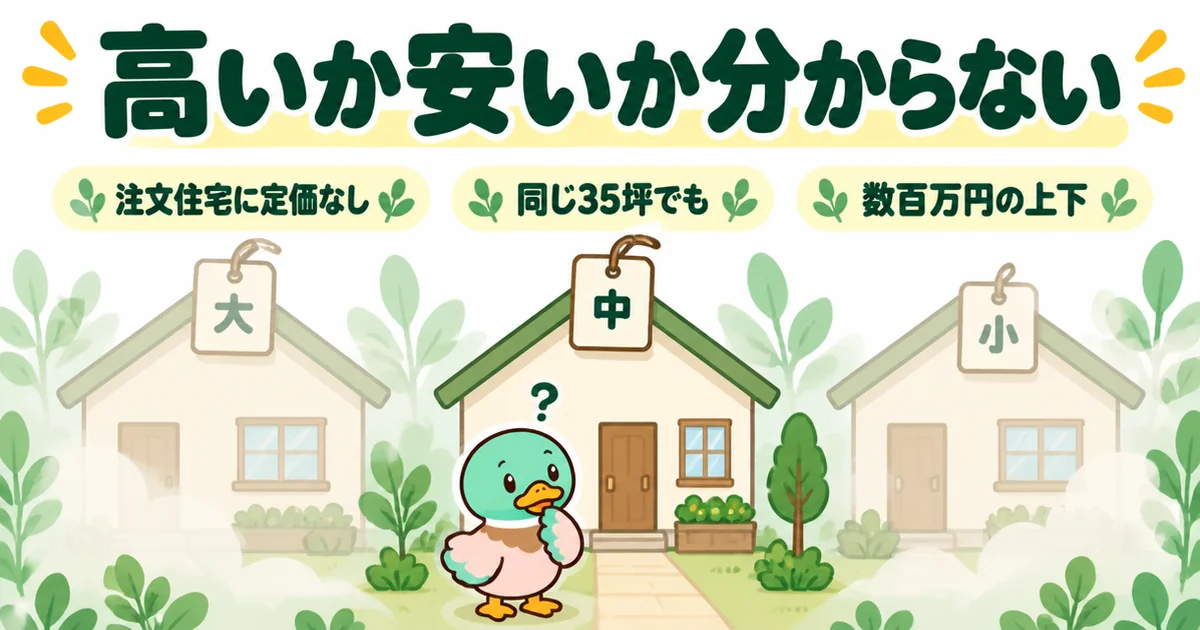 注文住宅には定価がなく、同じ35坪でも会社で数百万円上下するのに、相見積もりを取らないと高いか安いか分からないことを示す図解。