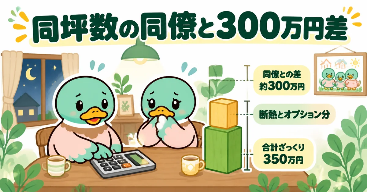 注文住宅の相見積もりを取らないで建て、同坪数の同僚と約300万円、合計ざっくり350万円の差に気づいたあいみつ夫婦の場面。