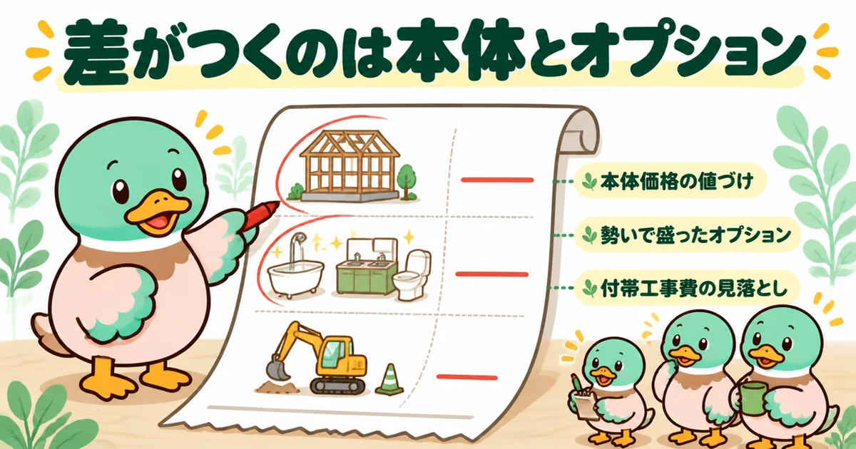 注文住宅で相見積もりを取らないと差がつきやすい、本体価格・勢いで盛ったオプション・付帯工事費をレシートで示す図解。