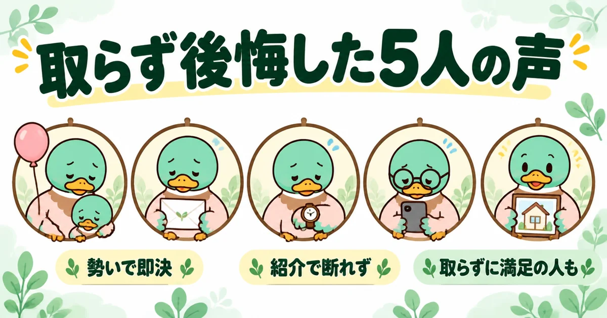 注文住宅の相見積もりを取らないで進めた5人の声を、後悔した4羽と満足した1羽のカモが丸窓から顔を出して紹介するイラスト。