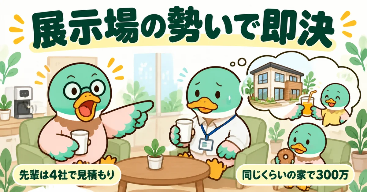 展示場の勢いで即決し注文住宅の相見積もりを取らないまま契約した男性が、4社で比べた先輩の話に固まる場面。