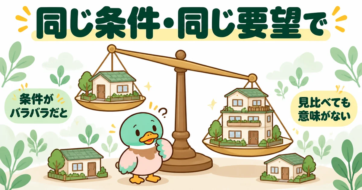 注文住宅の相見積もりは同じ条件で頼まないと見比べても意味がないことを、大きさの違う家をのせた天秤で示すイラスト。
