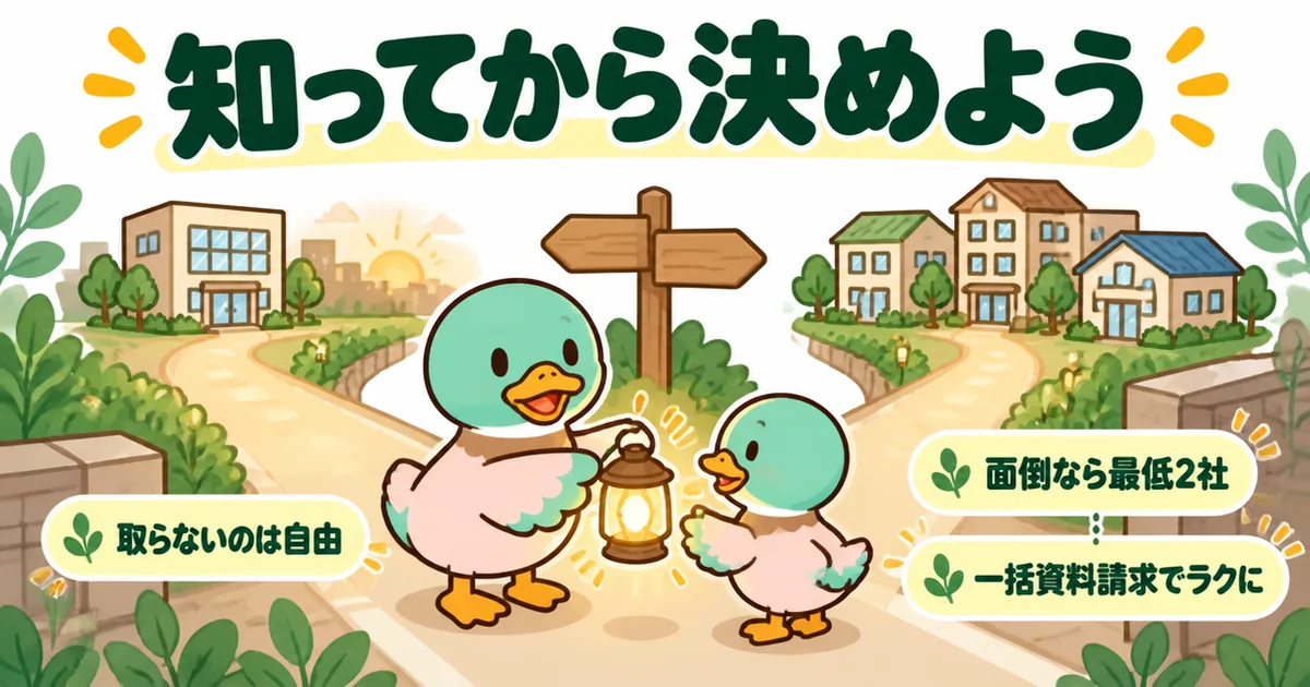 注文住宅の相見積もりを取らないのは自由だが、知ったうえで決めようと、分かれ道で明かりを手渡すあいみつのまとめイラスト。