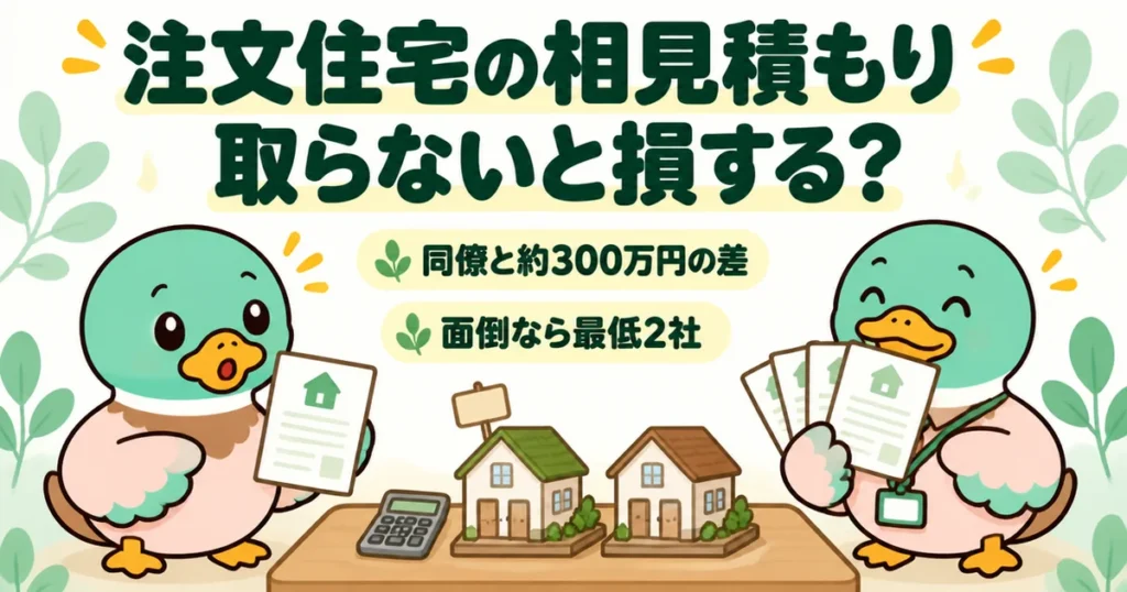 注文住宅の相見積もりを取らないと損するのかを、見積書1枚のあいみつと5枚を比べた同僚で表したイラスト。