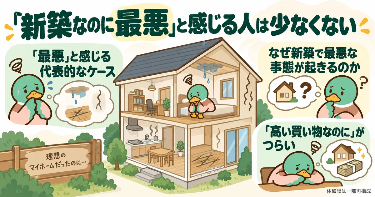 新築の後悔のケース、起こる背景、高い買い物へのつらさを家の断面とともに整理した図。