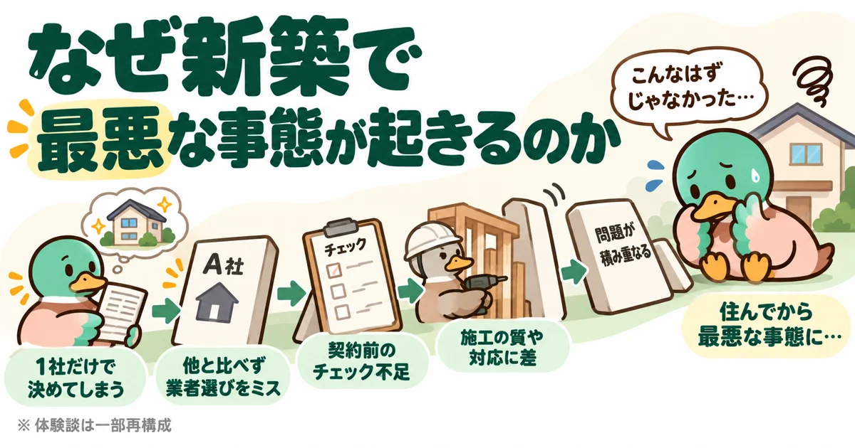 比較やチェックが不足したまま契約し、住んでから問題に気づく流れを示した図。