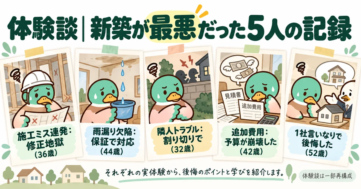 施工、雨漏り、近隣、予算、会社選びで後悔した5人をカモで描いた体験談の一覧。
