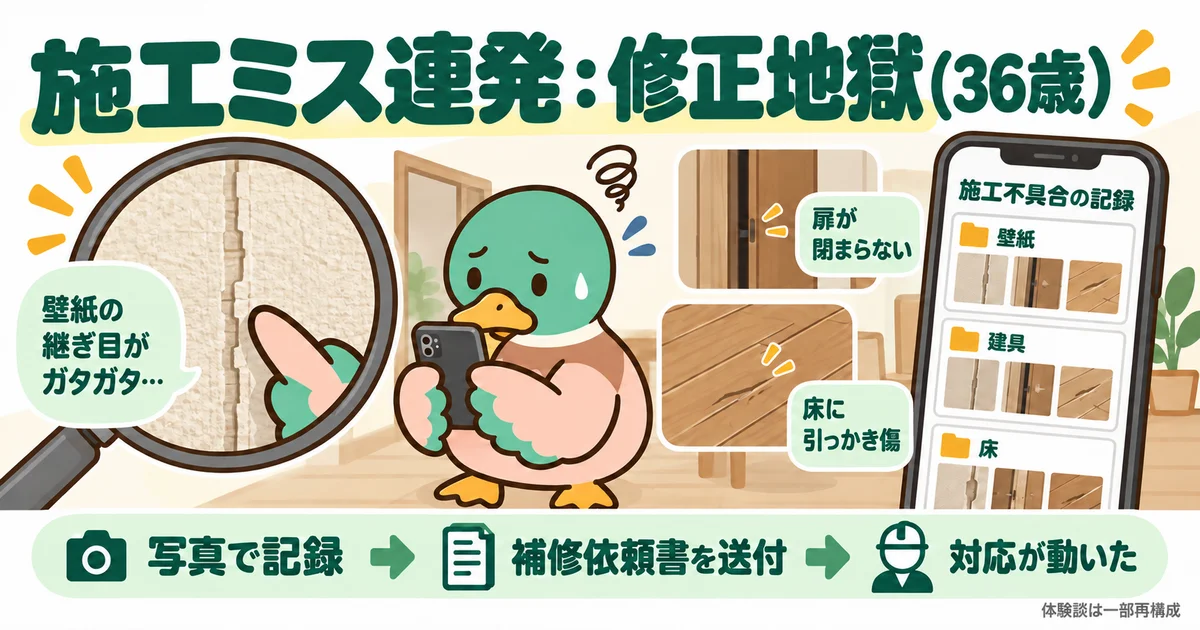 壁紙や建具、床の不具合を写真で記録し、補修依頼をまとめるカモ。