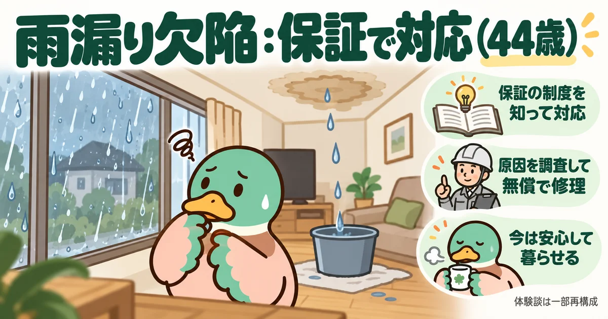 天井の雨漏りに困り、保証と修理について確認するカモ。