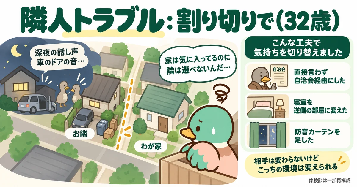 近隣の生活音に困り、自治会への相談や寝室の移動などを考えるカモ。
