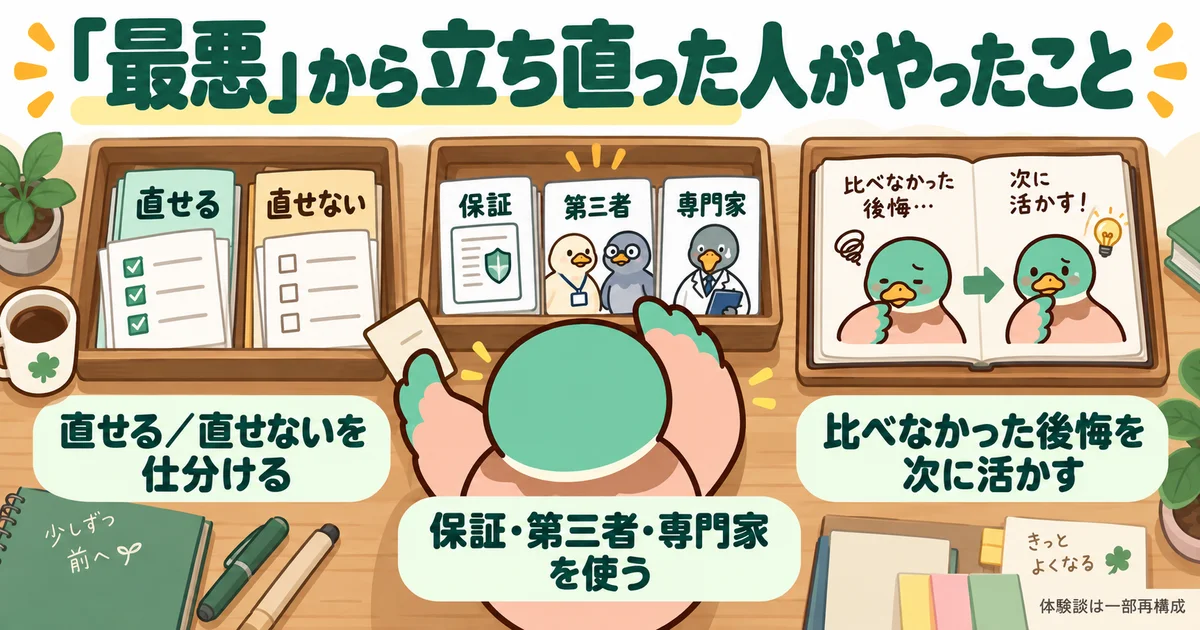 直せる問題の仕分け、専門家への相談、次の判断への教訓を整理する図。