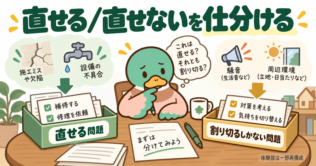 住まいの不満を紙に書き、直せることと直せないことに分けるあいみつ。