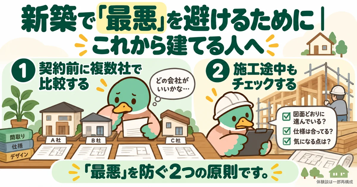 契約前の会社比較と施工途中のチェックを、家づくりの順序に沿って示した図。
