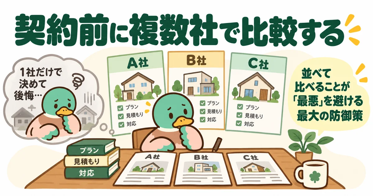 複数の住宅会社の提案や見積もりを同じ条件で見比べるあいみつ。