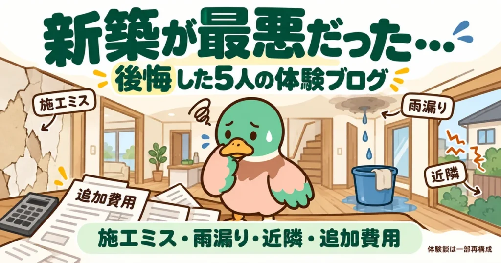 施工ミスや雨漏り、騒音、追加費用に戸惑うあいみつと、新築住宅の室内。