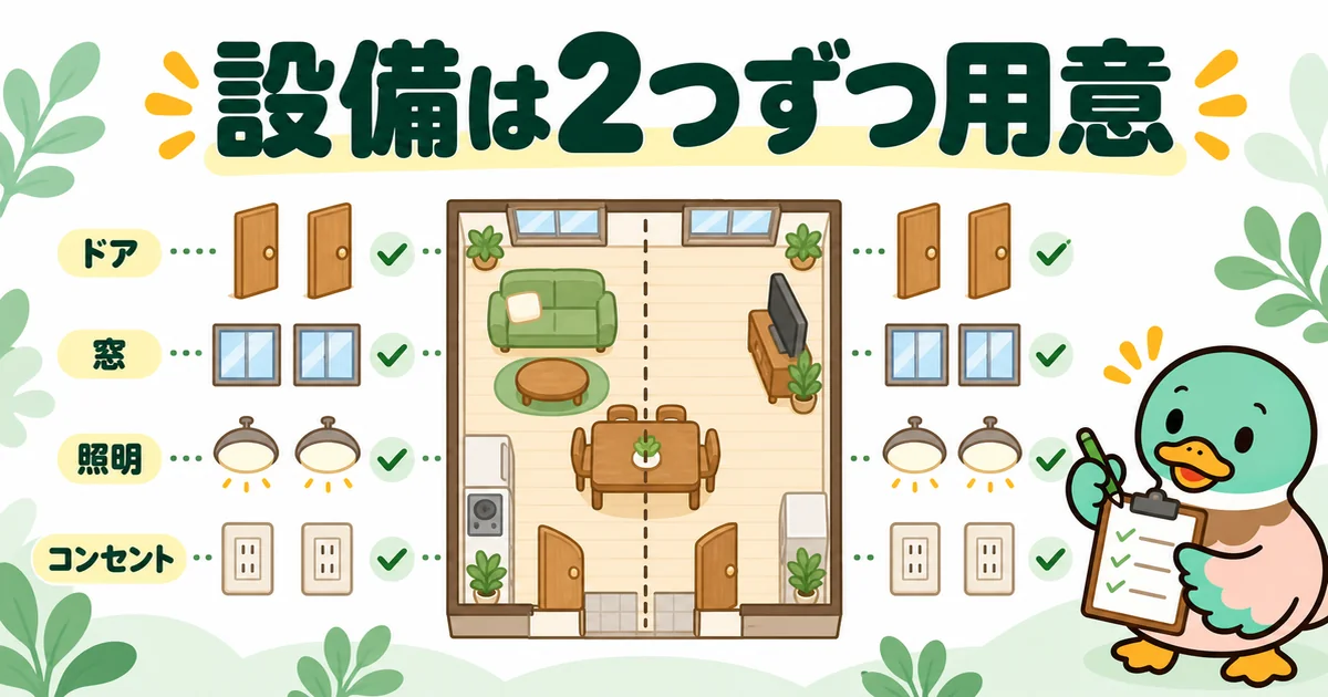 子供2人の間取りで1部屋を将来仕切る前に、ドア・窓・照明・コンセントを2つずつ用意することを示すチェック図。
