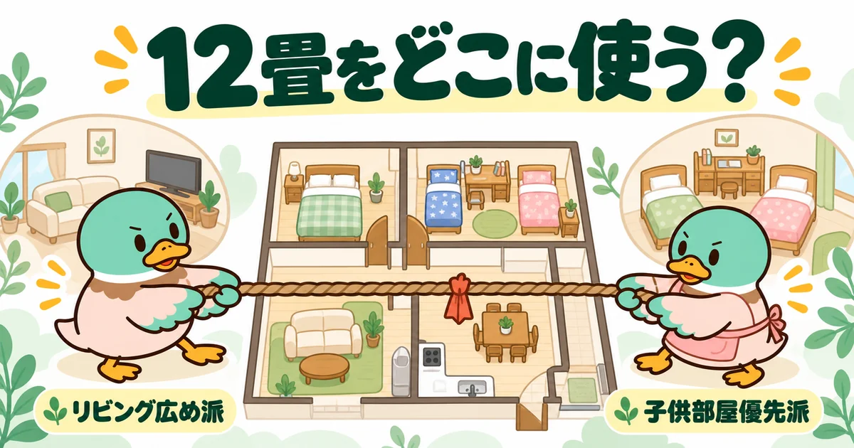 子供2人の間取りで、リビングを広くしたい夫と6畳2部屋の子供部屋を優先したい妻が綱引きをする図解。