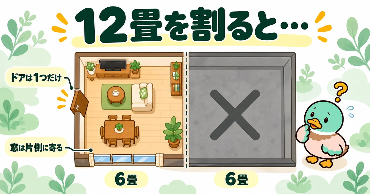 子供2人の間取りで12畳の大部屋を6畳2つに割ると、片方がドアなし窓なしになることを示した間取り図。