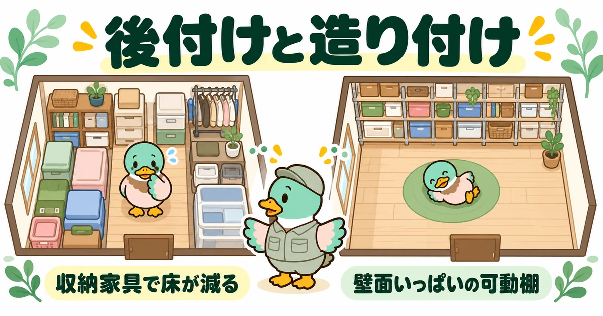 子供2人の間取りで、収納家具を後付けして床が減った部屋と、壁面を可動棚にして床が使える部屋を比べた図解。