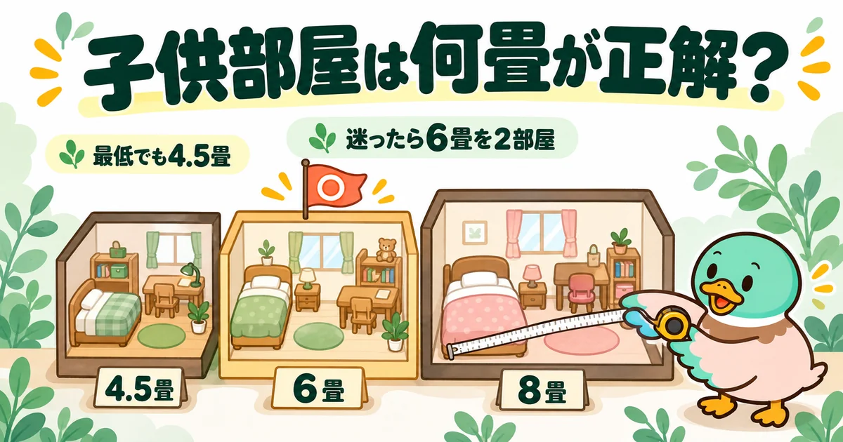 子供2人の間取りで子供部屋は何畳にするかを、4.5畳・6畳・8畳の部屋を並べて6畳をすすめるあいみつの図。