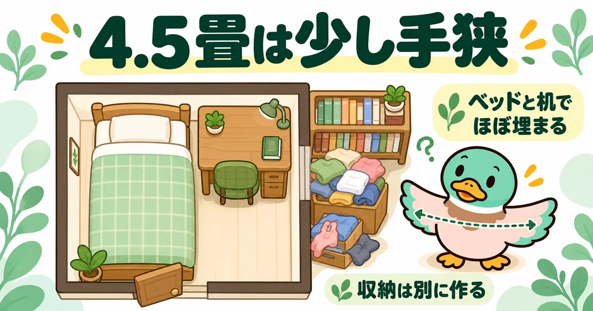 子供2人の間取りで4.5畳の子供部屋にベッドと机を置くと床がほぼ埋まることを真上から見た図。