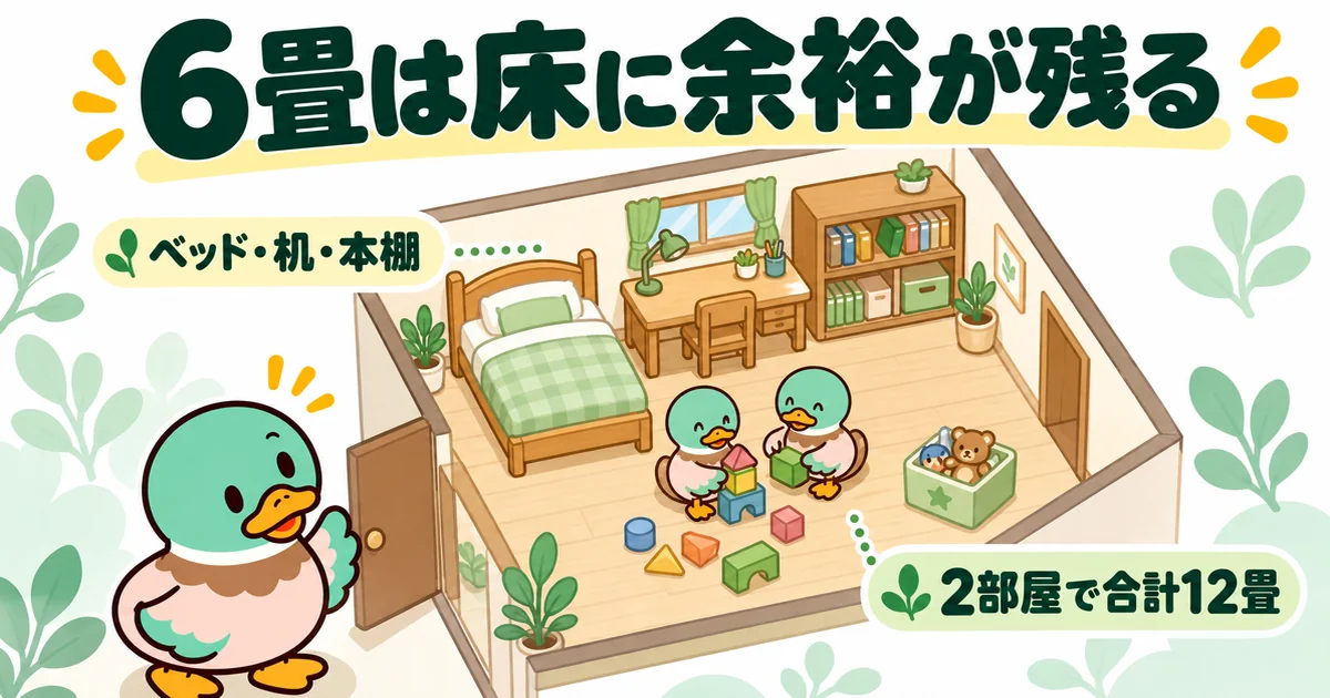 子供2人の間取りで後悔が少ない6畳の子供部屋に、ベッド・机・本棚を置いても床に余裕が残る様子のイラスト。