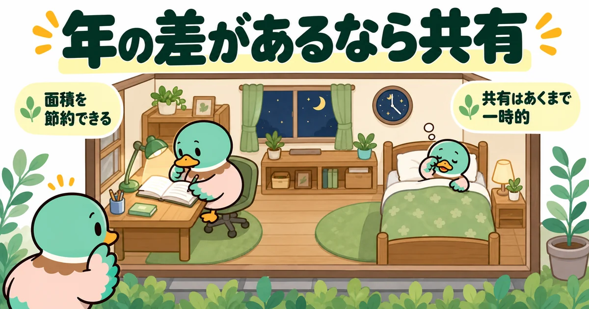 年の差が大きい子供2人が1部屋を共有し、生活リズムの違いが出る様子を描いた間取りのイラスト。