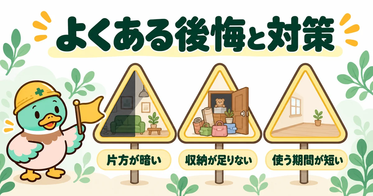 子供2人の間取りでよくある後悔を、片方が暗い・収納が足りない・使う期間が短いの3枚の標識で示すあいみつの図。