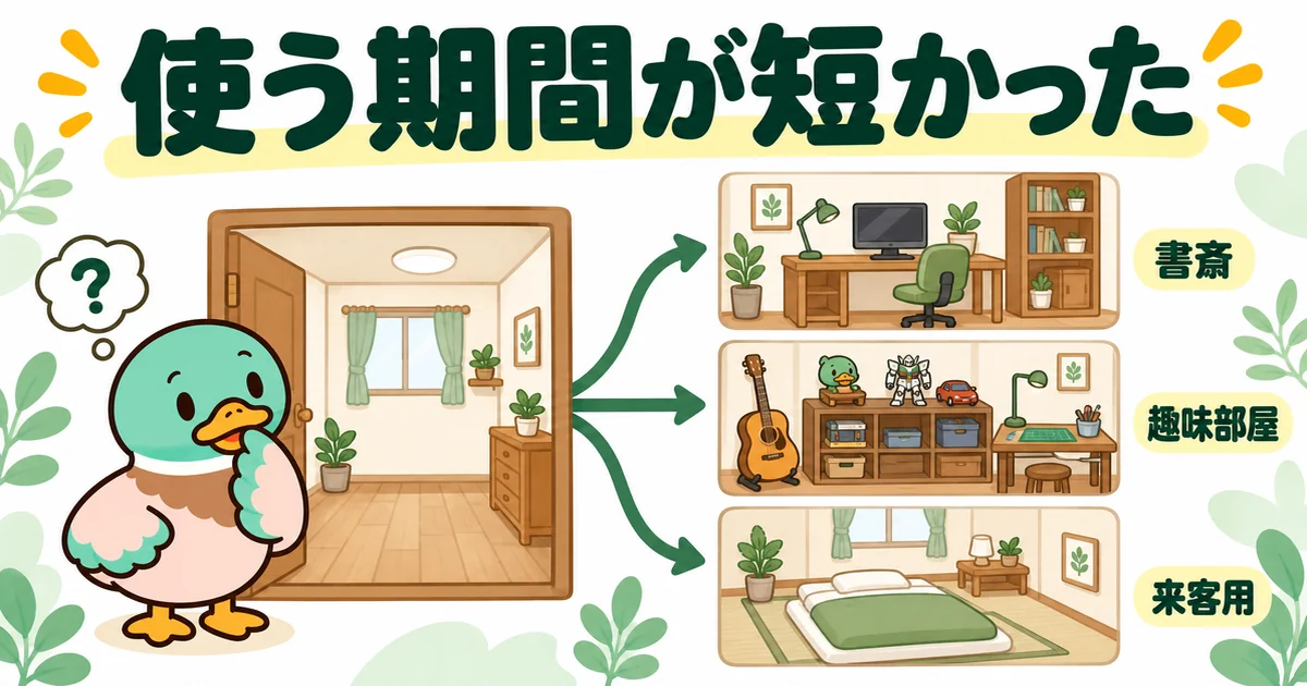 子供部屋を使う期間は短いので、巣立ったあと書斎・趣味部屋・来客用に使う道を示した子供2人の間取りの図。