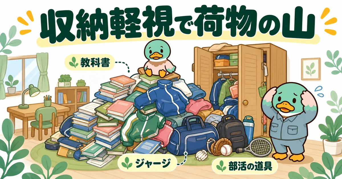 子供2人の間取りで広さだけを見て収納を軽視し、教科書やジャージや部活の道具が床にあふれた体験談のイラスト。