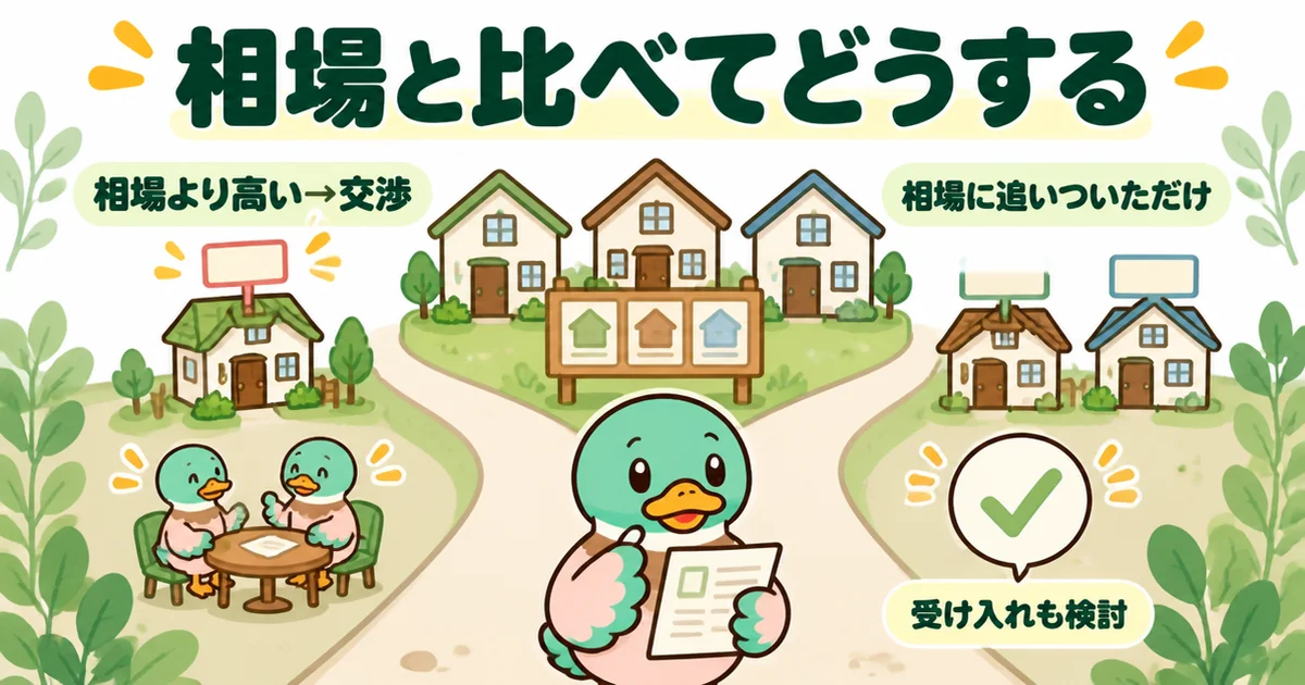 家賃値上げが近所の相場より高いなら交渉、相場に追いついただけなら受け入れも検討という判断を分かれ道で示す図解。