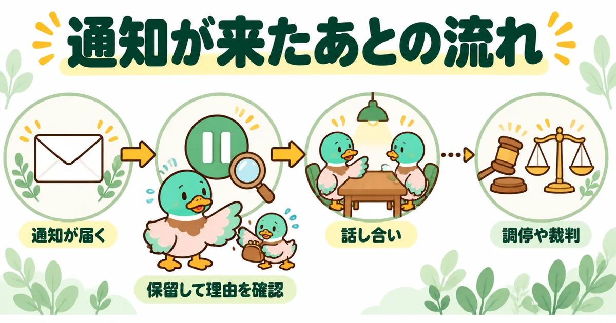 家賃値上げの通知が届いてから、保留して理由を確認し、話し合い、まとまらなければ調停や裁判へ進む流れを示す図解。