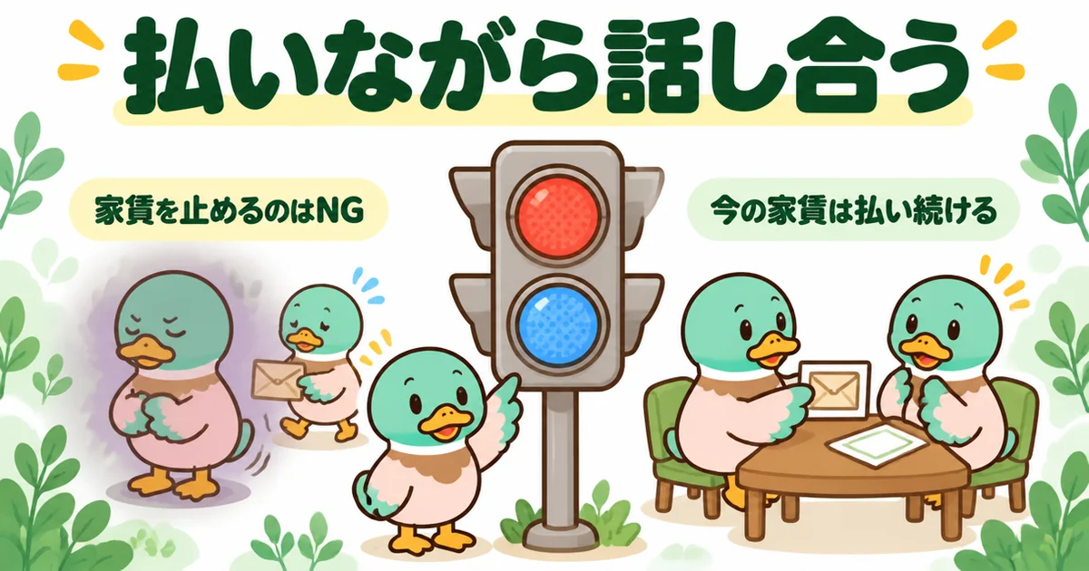 家賃値上げを拒否するときも今の家賃は払い続け、家賃を止めるのはNGであることを青と赤の信号で示す図解。