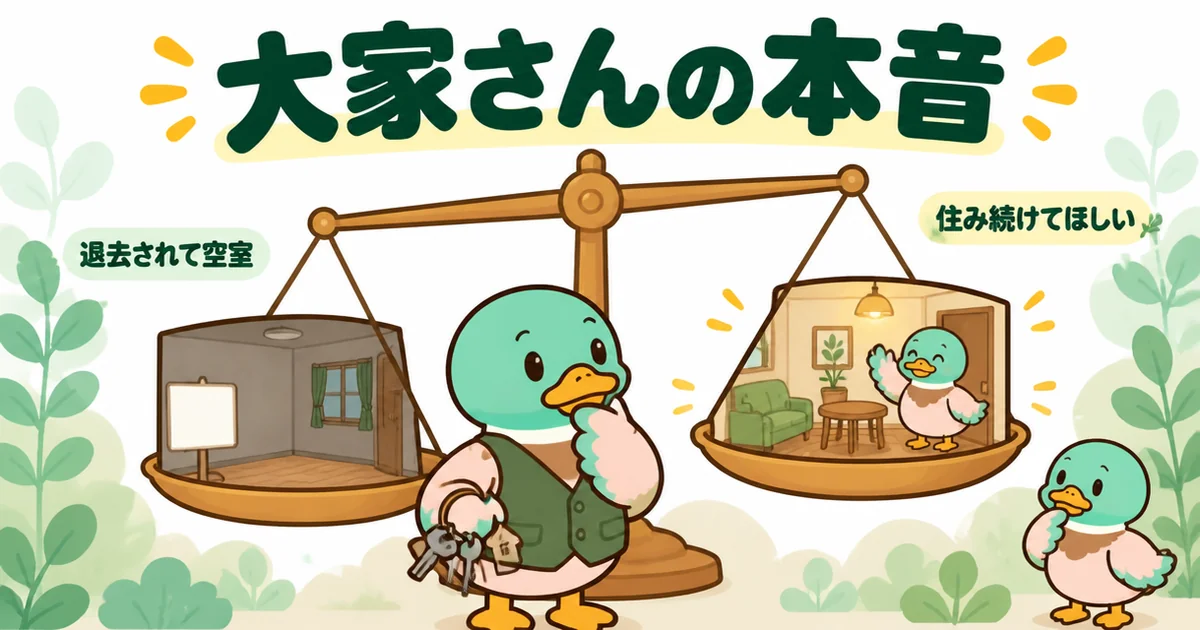 家賃値上げの交渉が据え置きや半分で落ち着きやすい理由として、空室より住み続けてほしい大家さんの本音を天秤で示す図解。