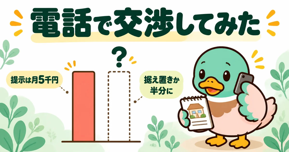 月5千円の家賃値上げに対し、相場を調べたあいみつが据え置きか半分にと電話で交渉する様子を棒グラフと空欄で示す図解。